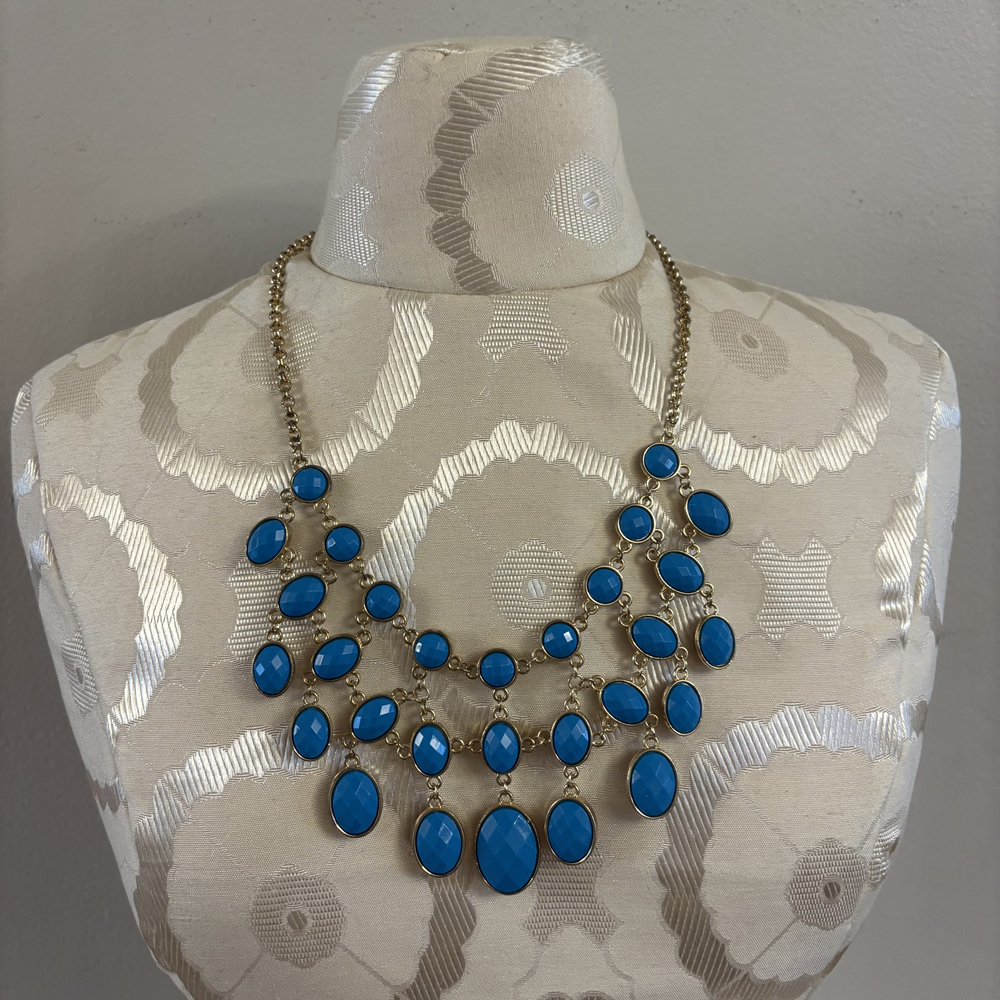 Bright Blue Faceted Oval Layered Chandelier Statement Necklace Gold Tone Y2K Bib